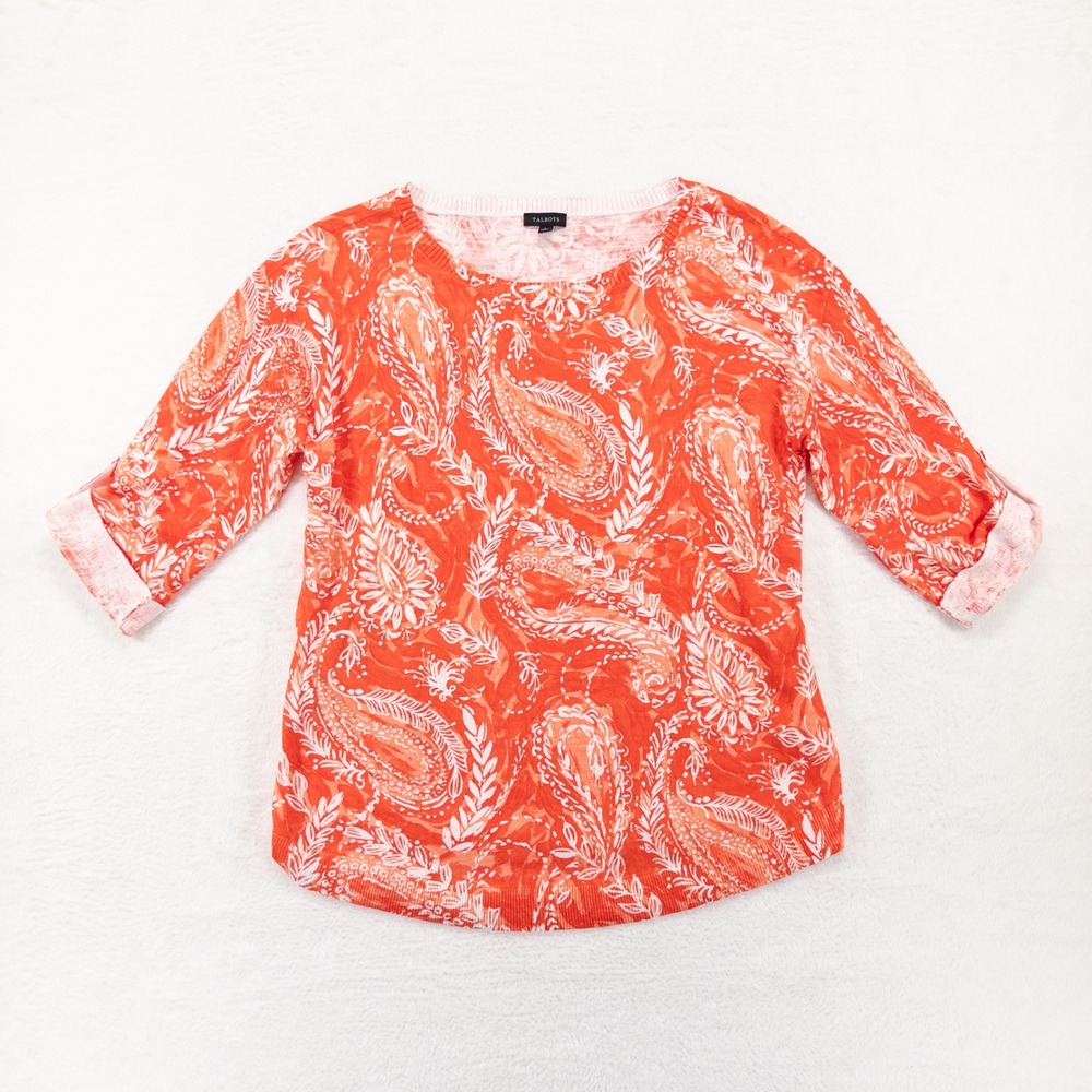 Talbots Womens Sweater Top Sz Small Orange Paisley 3/4 Sleeve Roll Tab Classic